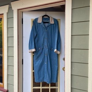 Vintage denim long chore trench jacket with corduroy collar and cuff detail